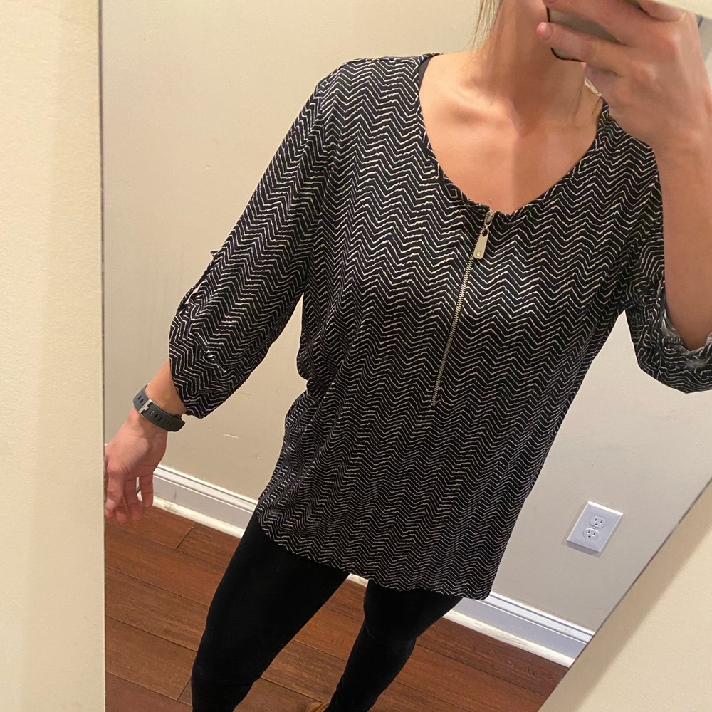 Ellen Tracy Roll Cuff Sleeve 1/4 Zip Blouse Size S